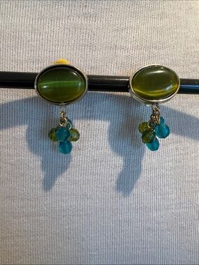 Green Oval Glass Dangle Earrings with Blue-Green Beads